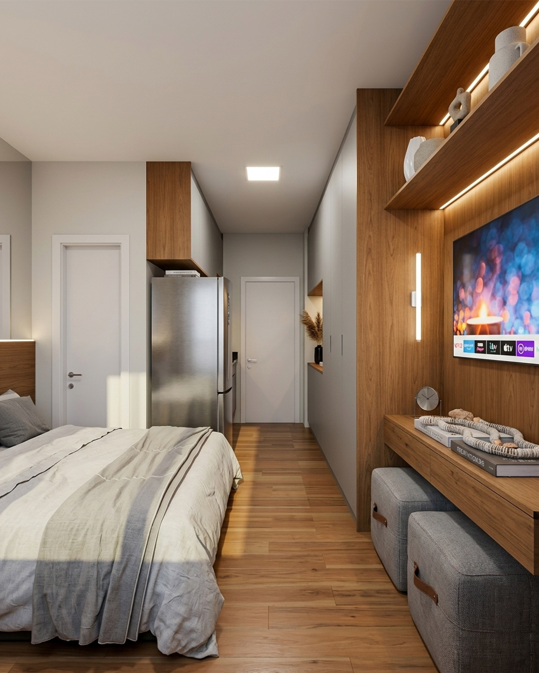 Suíte real da MF com painel de madeira e bancada planejada